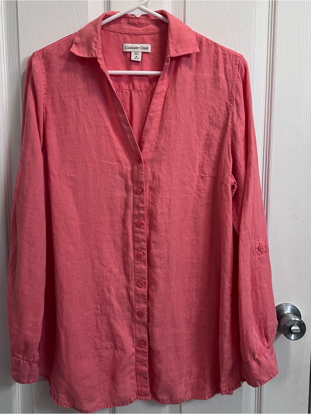 Coldwater Creek Women's Coral Pink 100% Linen Button Down Roll Tab Sleeve Size M